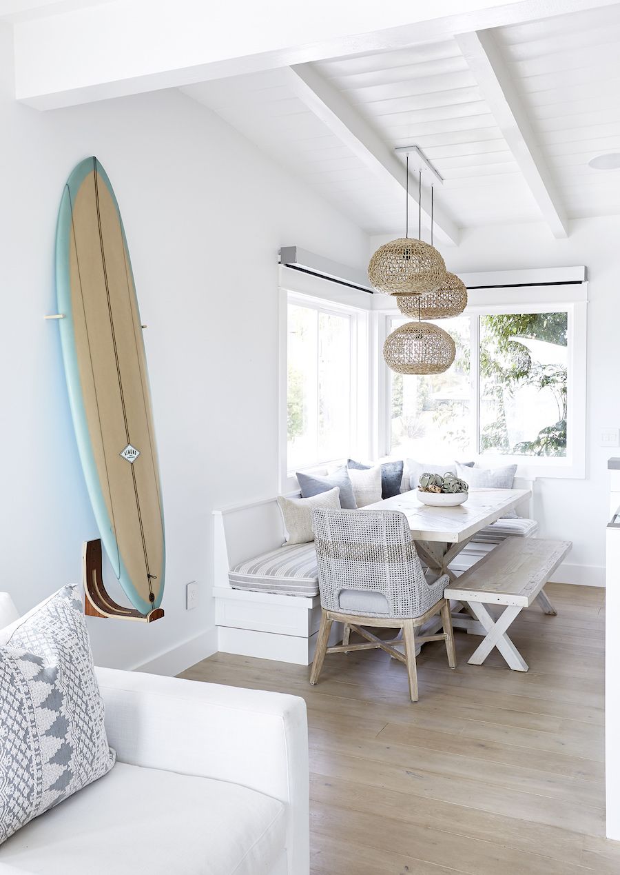 Coastal Wall Decor with Surfboard via Pure Salt Interiors