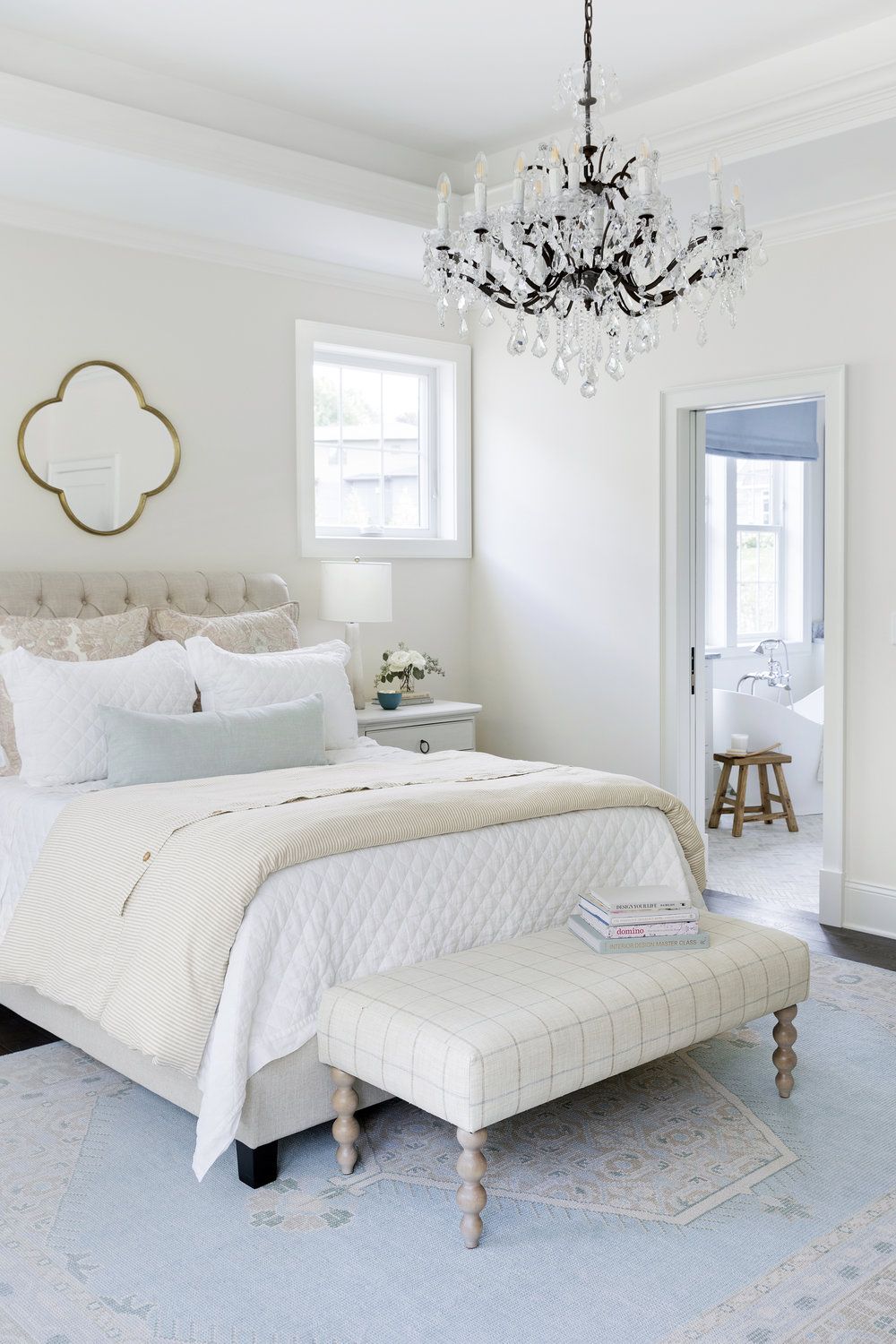 Feminine Bedroom with Baby Blue Rug via SD Custom Homes