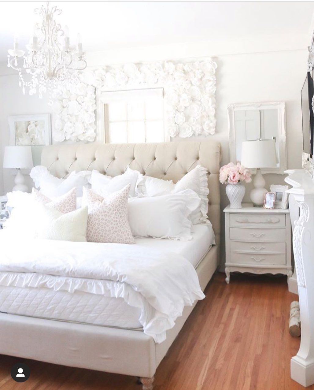Feminine Bedroom with Floral Wall Decor via @nissalynninteriors