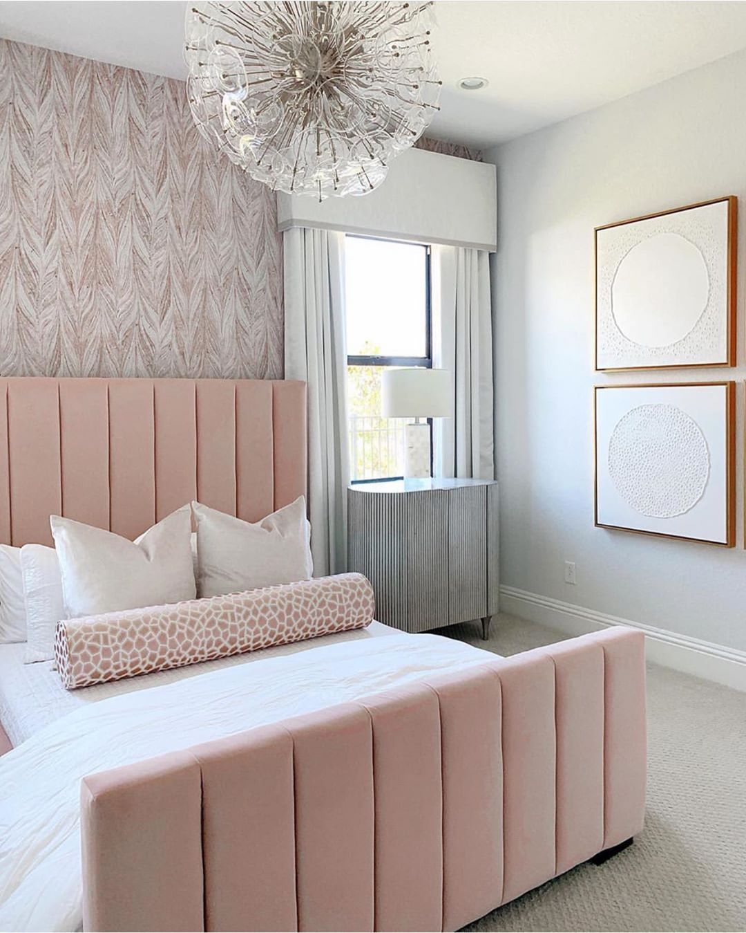 Feminine Bedroom with Pink Channeled Headboard via @tinamarieinteriordesign