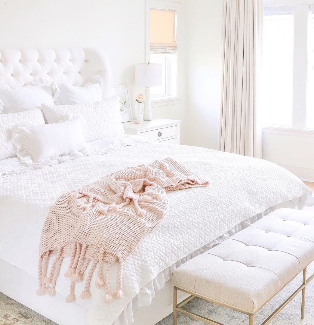 Feminine Bedroom Decor with Pink Throw Blanket via @sonja.lk