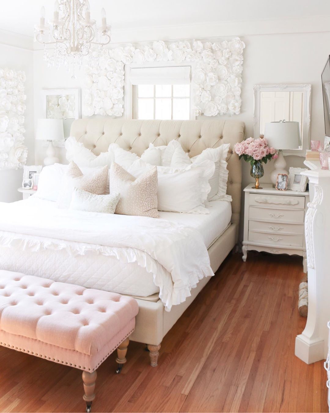Feminine Bedroom with Pink Tufted Bench at the End of the Bed via @tanyarng