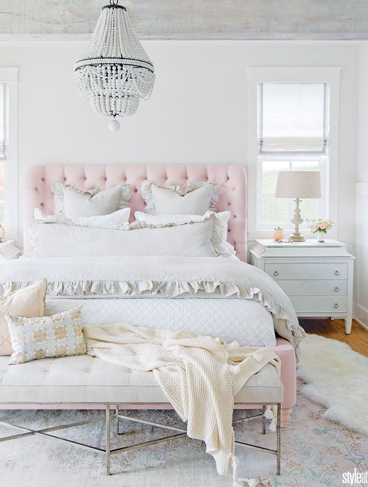 Feminine Bedroom with Pink Tufted Headboard via Style at Home Jillian Harris