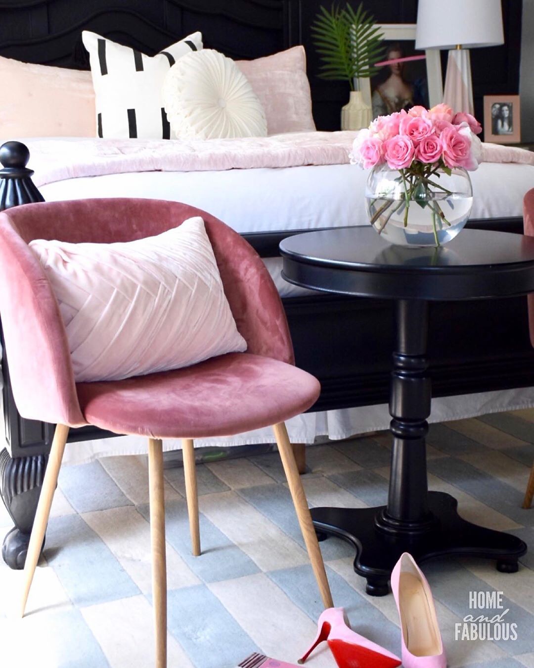 Feminine Bedroom with Pink End of Bed Chair via @homeandfabulous