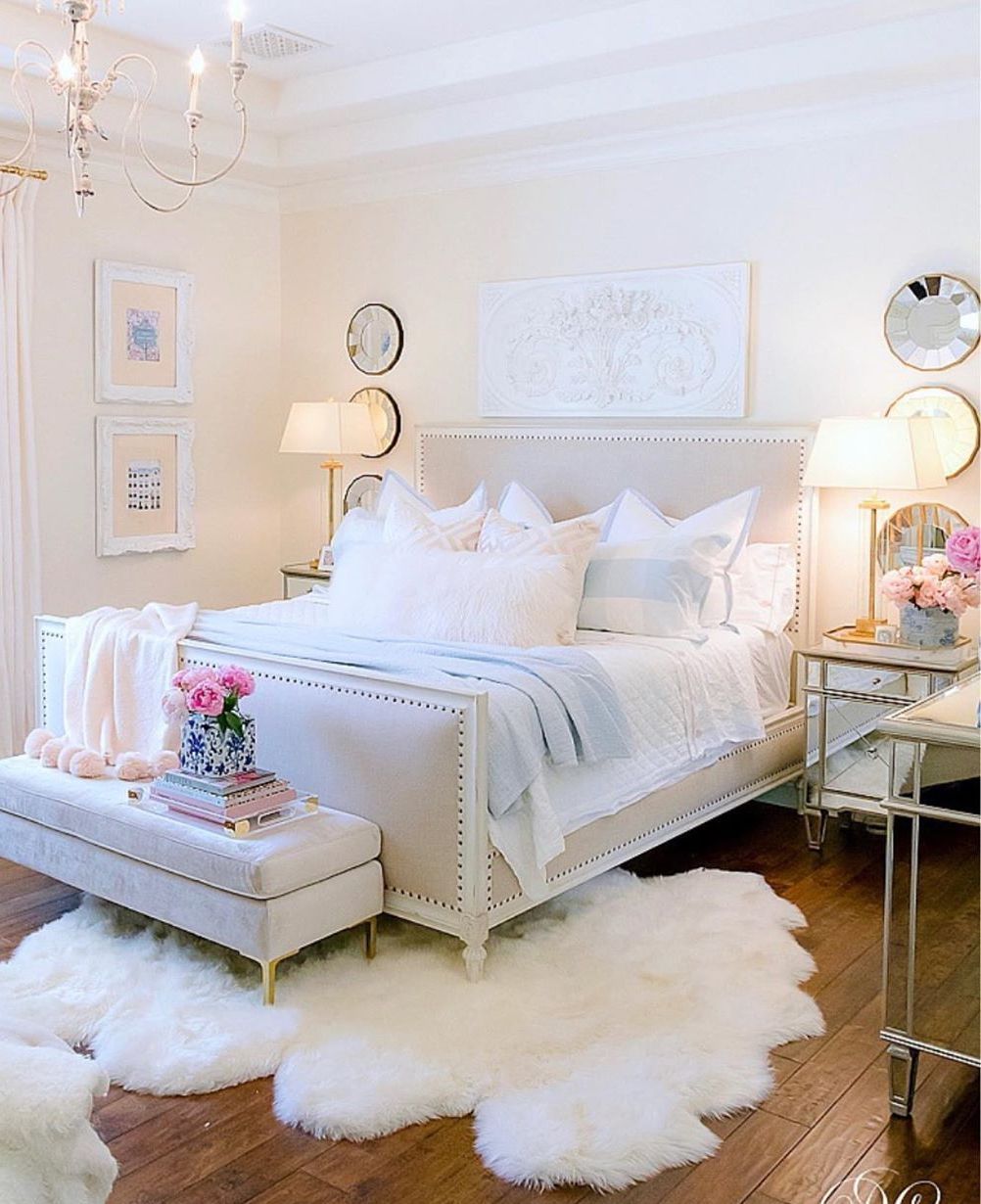 Feminine Bedroom with Sheepskin Rugs via @randigarrettdesign
