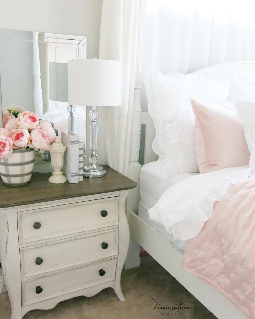Feminine Bedroom with Vintage Nightstand via @nissalynninteriors
