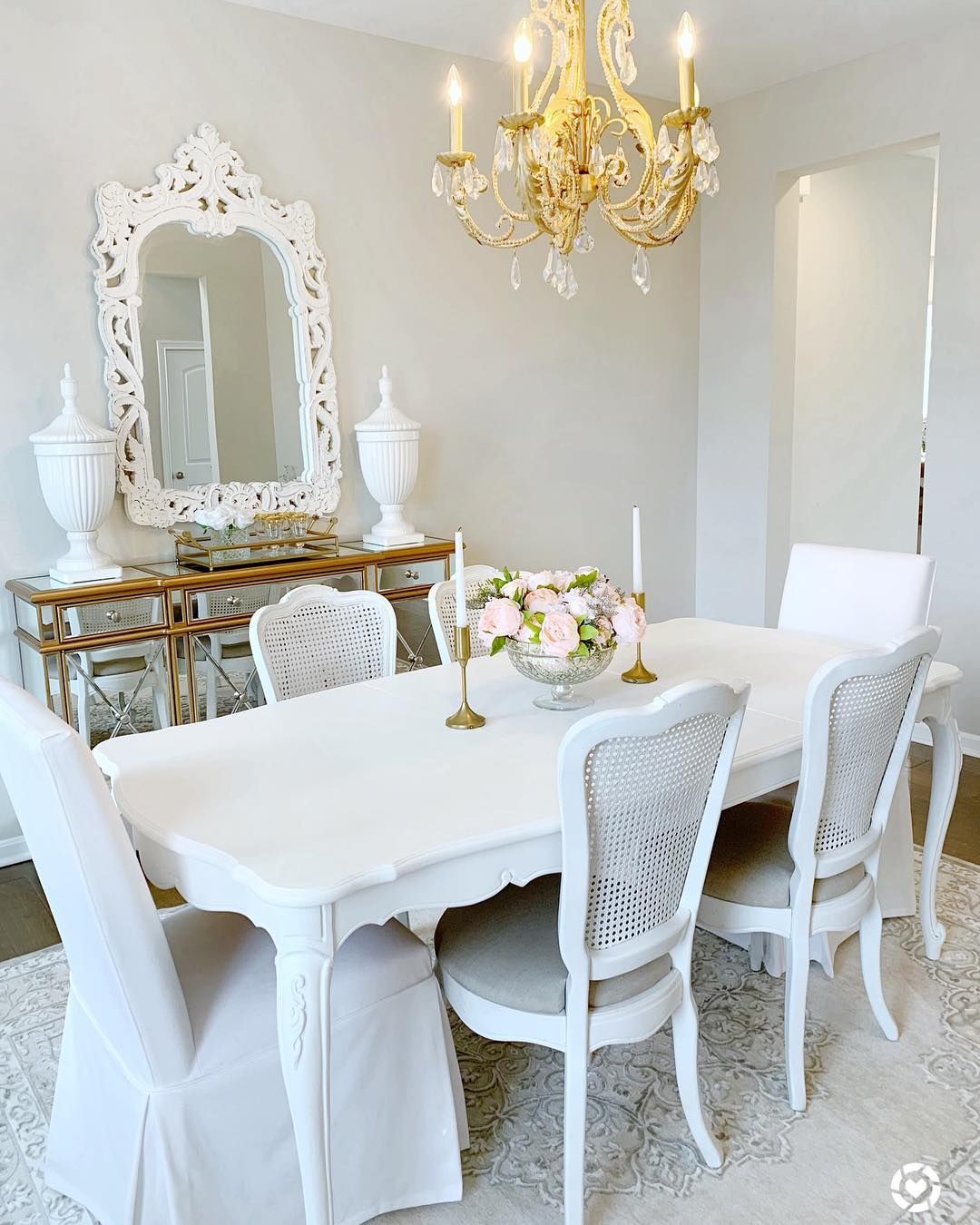 Glam Dining Room with Mirrored Side Cabinet via @kathrynpackard