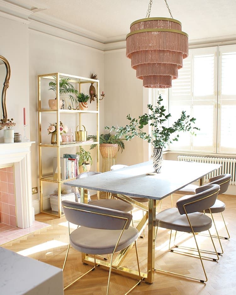 Glam Dining Room with Pink Fringe Chandelier via @swoonworthyblog