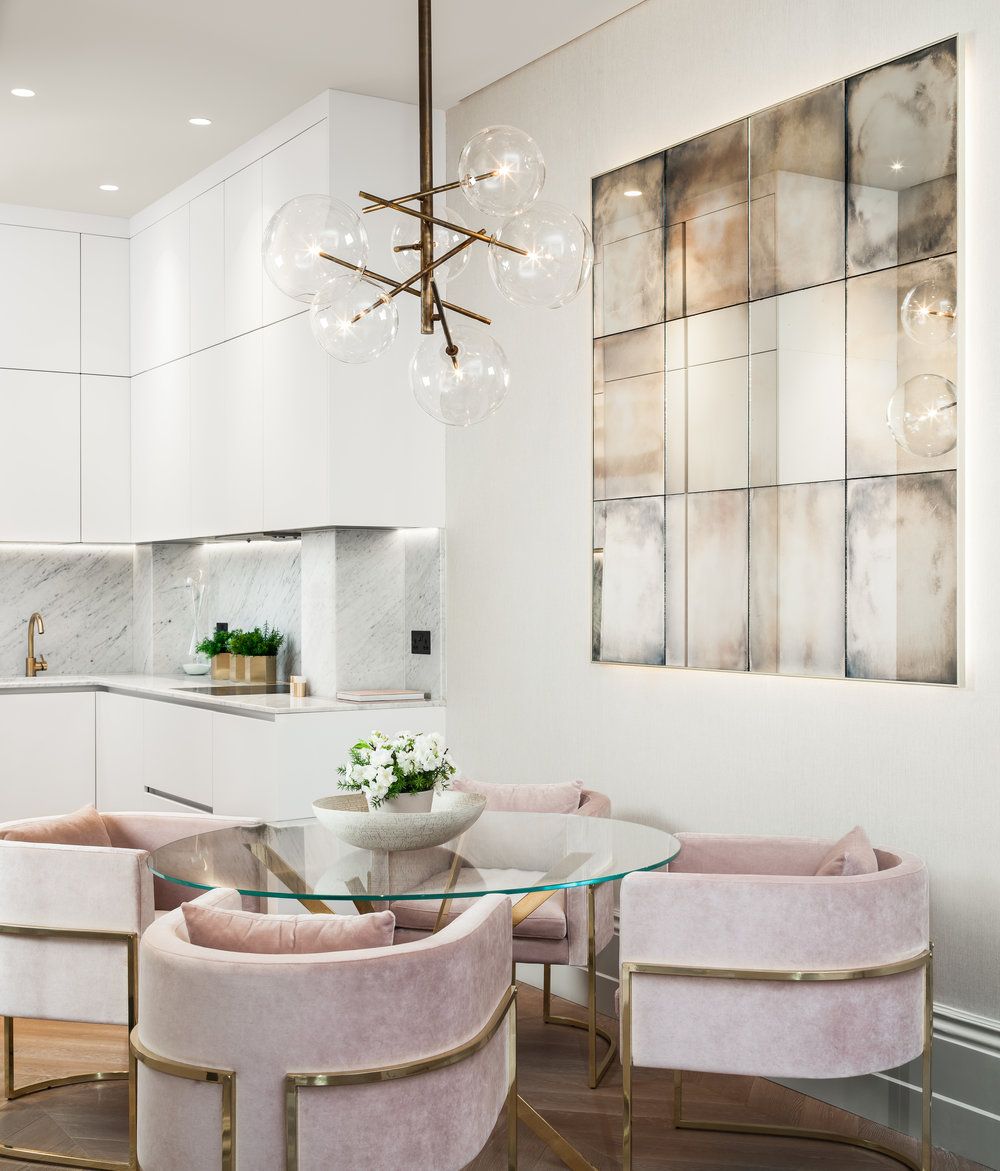 Glam Dining Room with Pink Velvet Dining Chairs via Jo Hamilton UK