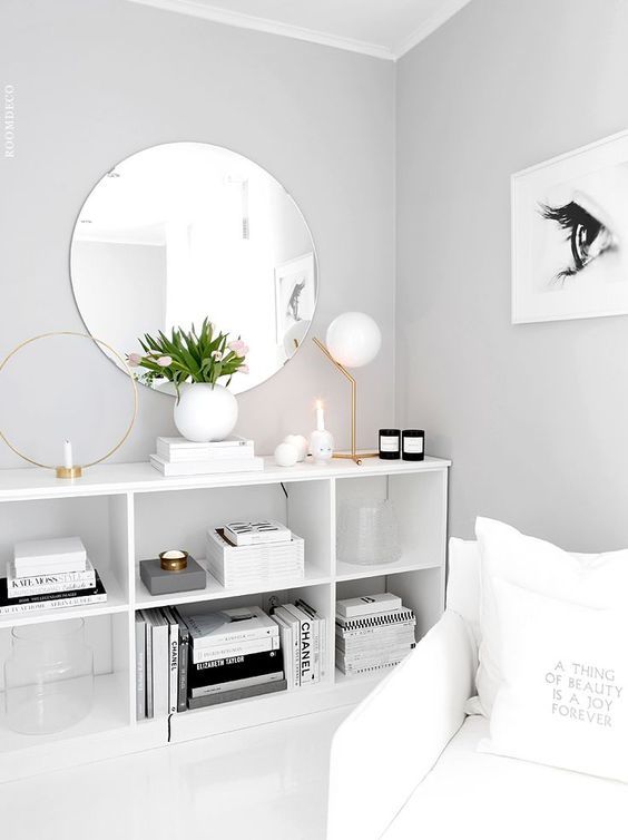 Minimalist Living Room with White Shelving