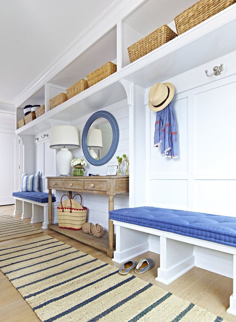 Coastal Entryway with Blue Benches via Chango and Co