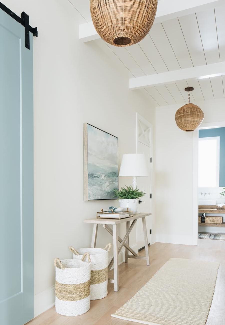 Coastal Entryway with Shiplap Ceiling and Rattan Chandeliers via @timbertrailshomes