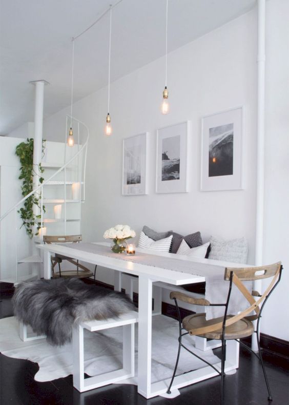Scandinavian Dining Room with Faux Fur Seat Cushion
