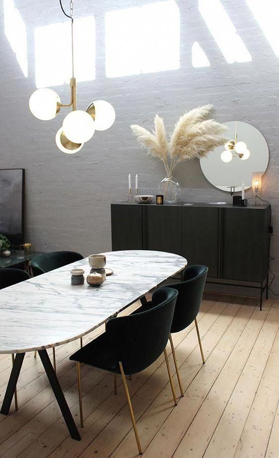 Scandinavian Dining Room with Marble Dining Table and Mid-Century Chandelier