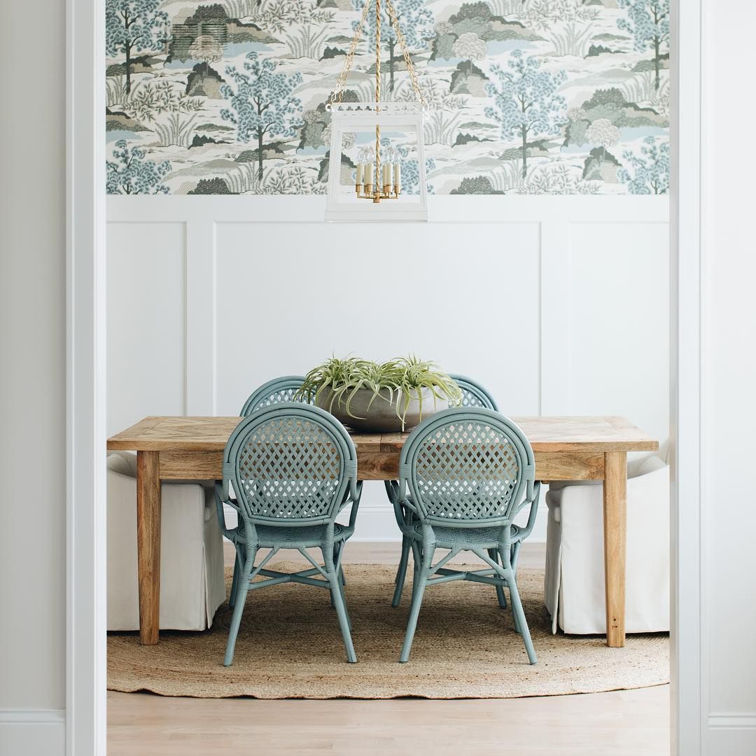 Coastal Dining Room with Half Wallpaper Wall via @timbertrailshomes