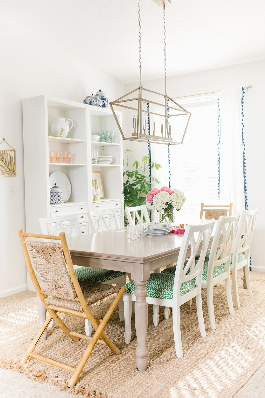 Coastal Dining Room With Sea Green And Pink Accents Via Megan Martin Creative 