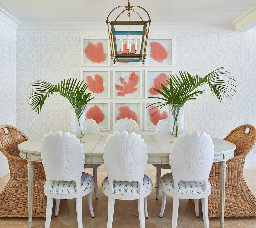 Coastal Dining Room with Shell Chairs and Coral Art via @ellenkavanaugh
