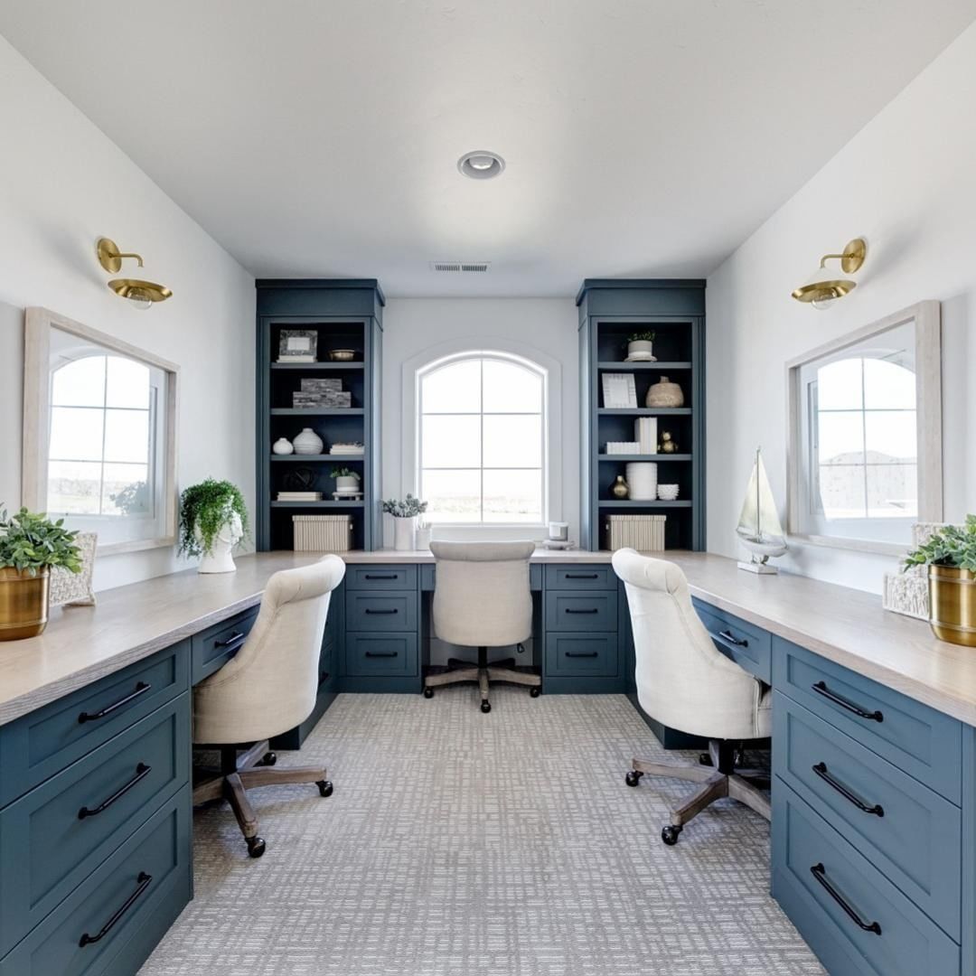 Multi-person office, Coastal Office for 3 people with Teal Blue Lower Cabinets via @clarkandcohomes
