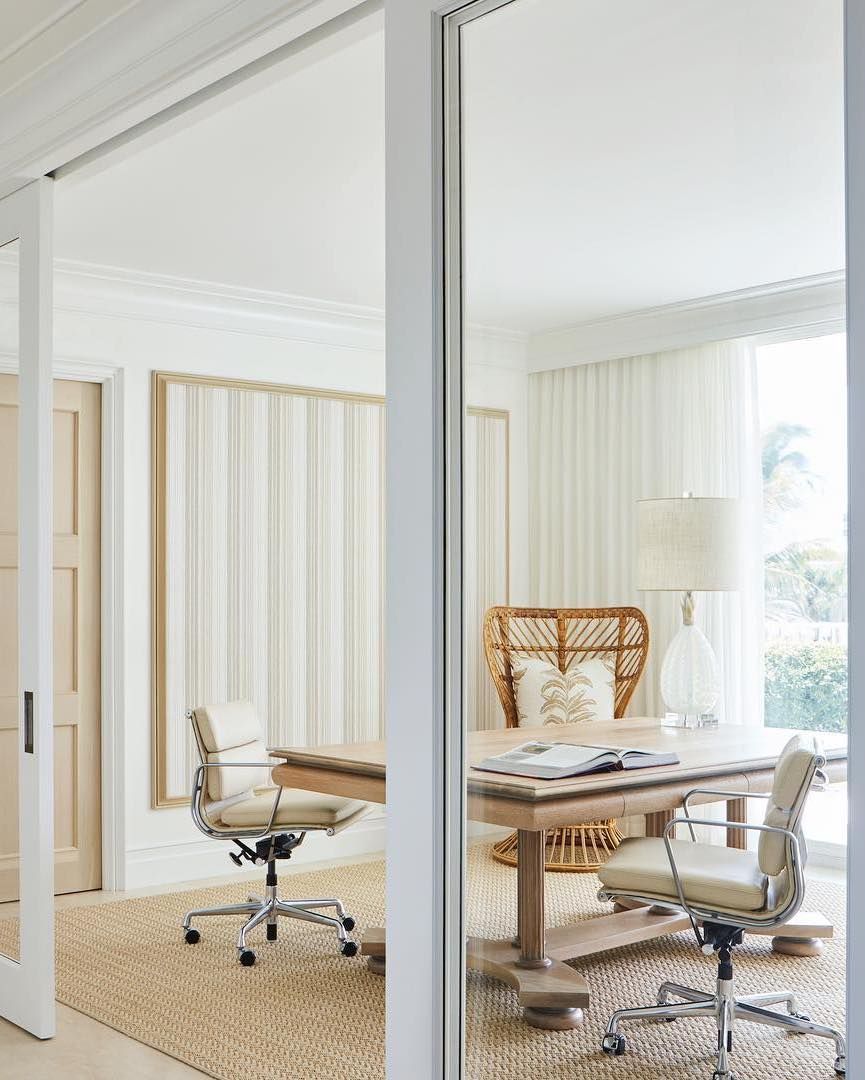 Coastal Office with Neutral Furniture via Ellen Kavanaugh