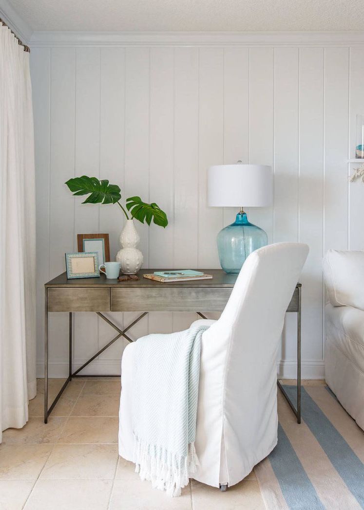 Coastal Office with White Slipcovered Chair via Amanda Webster Design