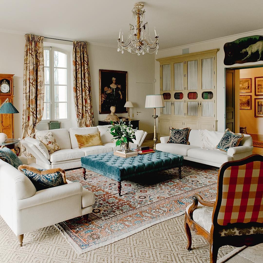 French-Country-Living-Room-with-Cream-Walls-and-Patterned-Curtains-via-@provencepoiriers.jpg