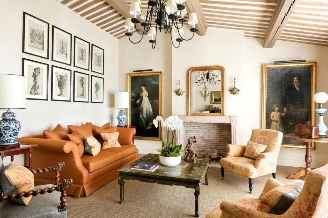 French Country Living Room with Orange Sofa via @airellesgordes
