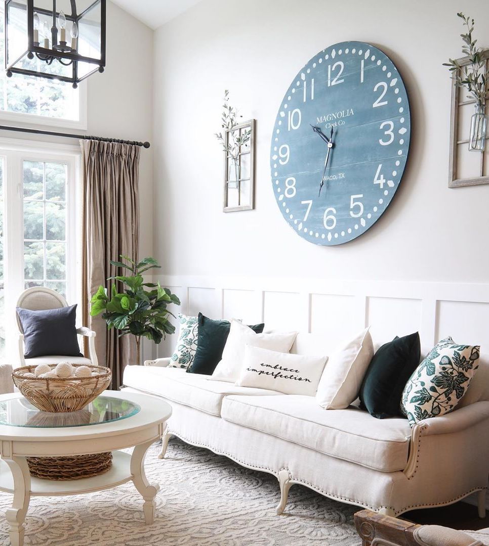 French Country Living Room with Oversized wall clock via @willowbloomhome