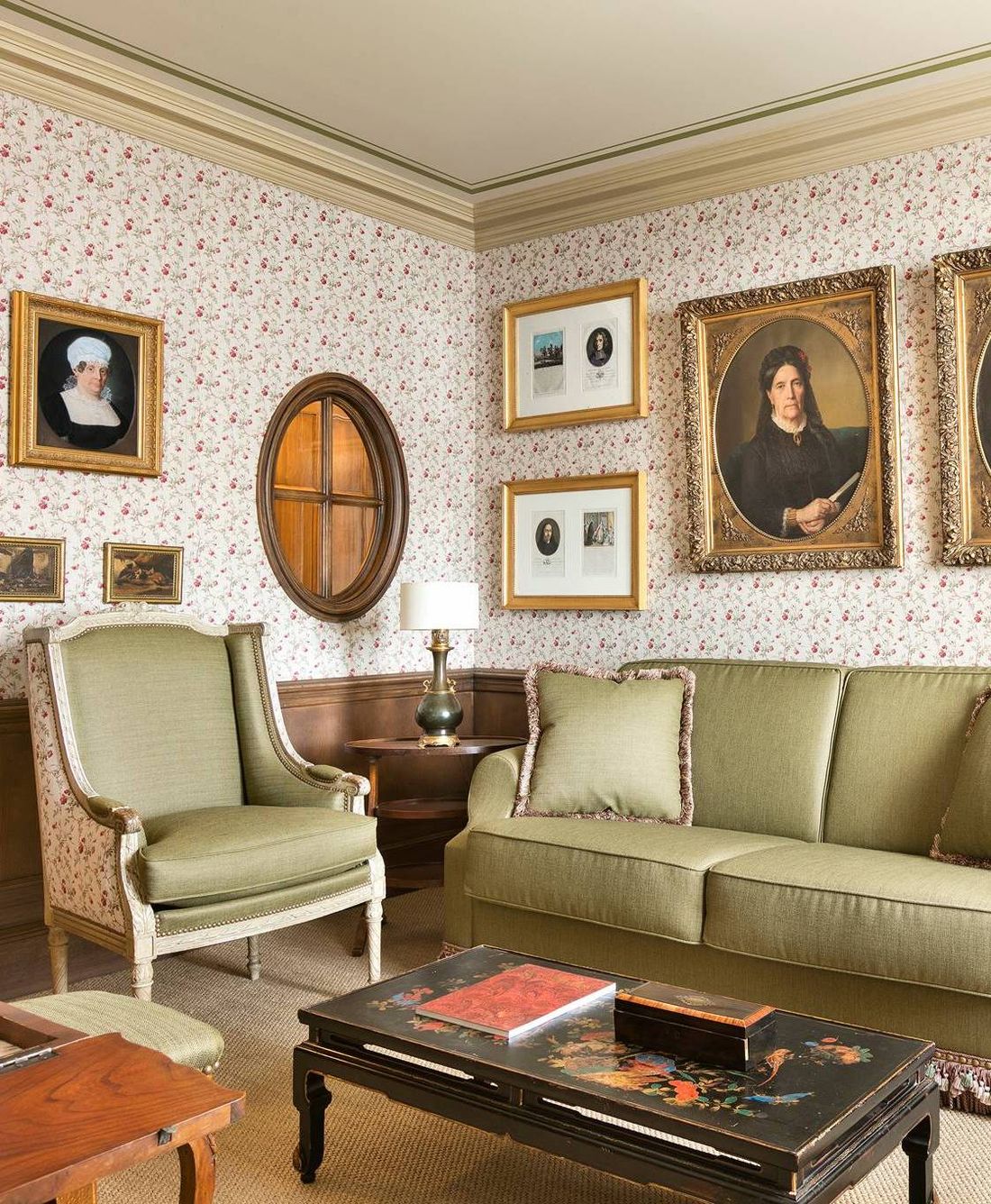 French Country Living Room with Patterned wallpaper via Conde Nast Traveller
