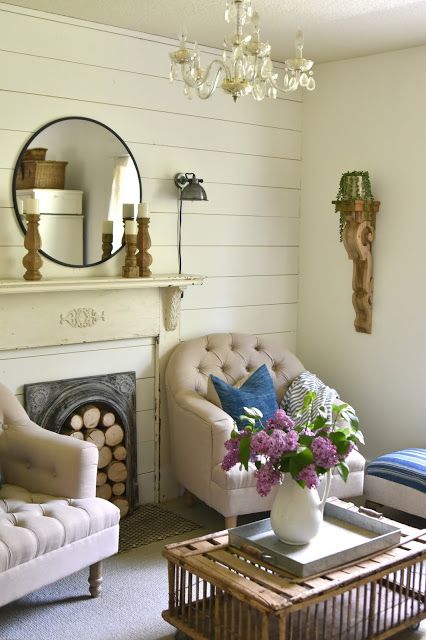 French Country Living Room with Tufted Accent Chairs via fadedcharmcottage.blogspot.com