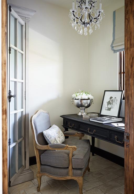 French Country Office Chairs - Black French Desk with Gray Bergere Chair via Palm Design Group