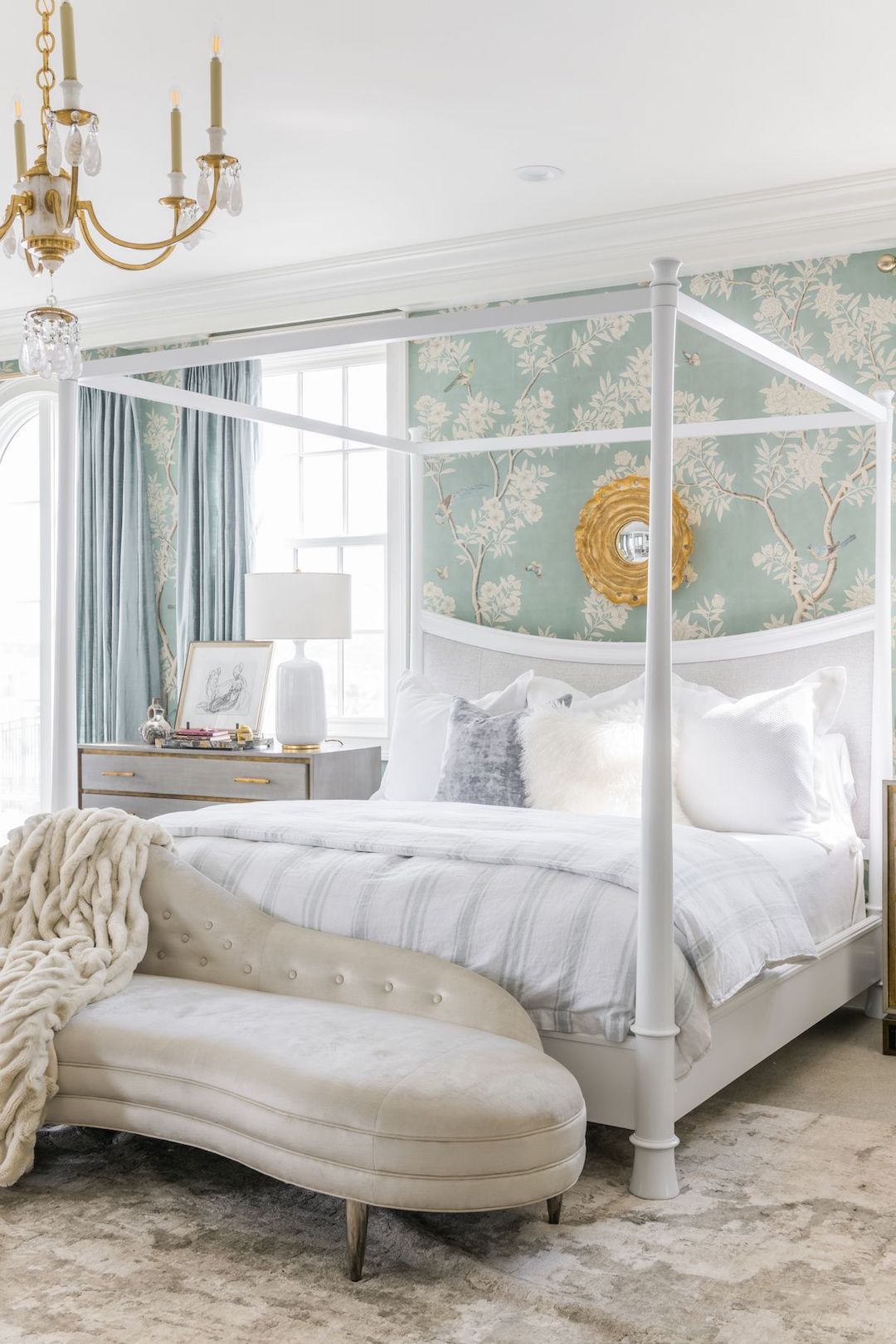Glam Bedroom with Blue Floral Wallpaper via Rachel Parcell