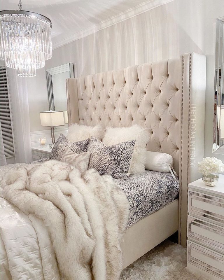 19 Amazing Glam Bedrooms with Chic Style - Glam BeDroom With Chrome Decor Accents AnD Faux Fur Throw Via @thechromeinterior 768x960