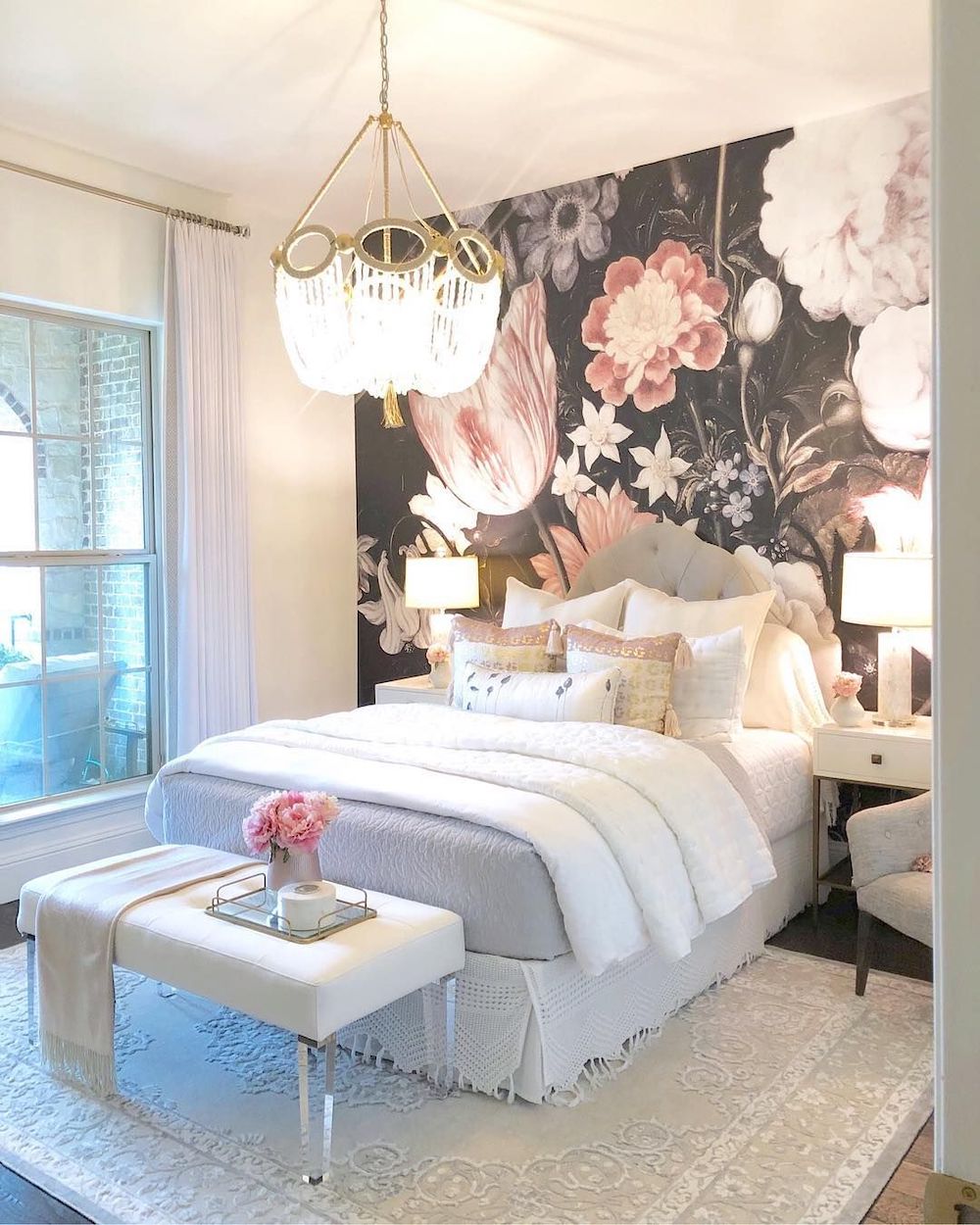 Glam Bedroom with Floral Accent Wallpaper via @decorgold