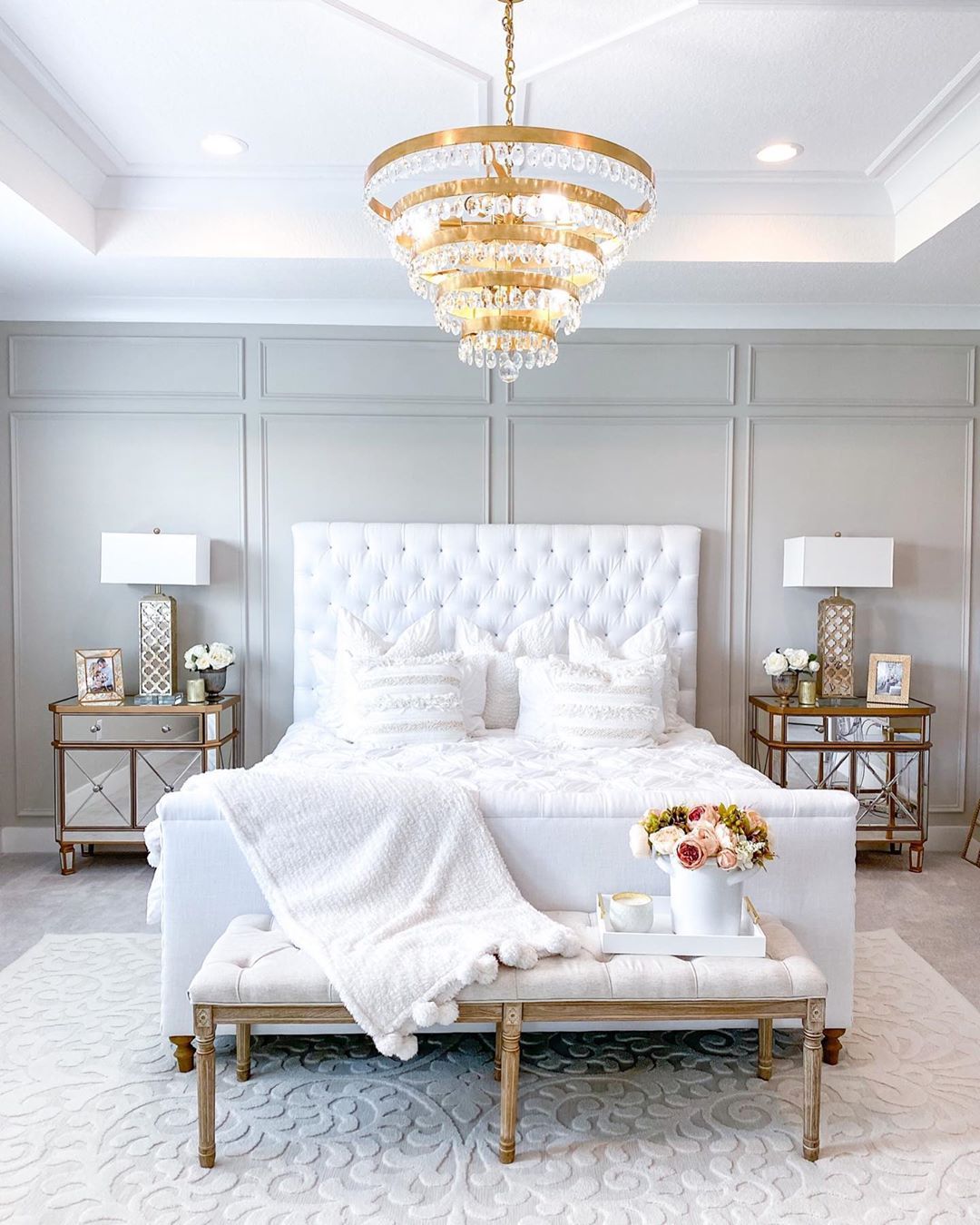 Glam Bedroom with Gold crystal chandelier via @jscott24