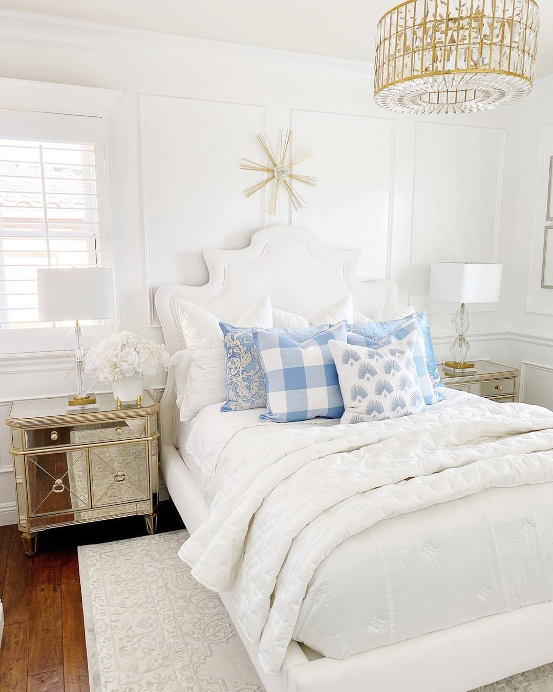 Glam Bedroom with Gold mirrored nightstand via @randigarrettdesign
