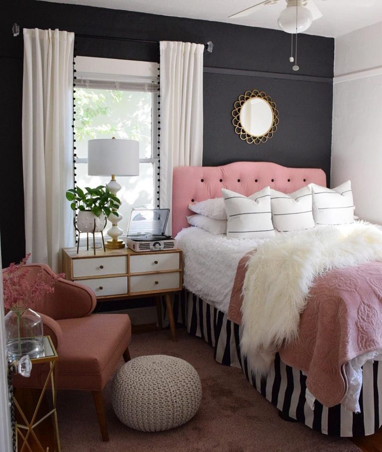 19 Amazing Glam Bedrooms with Chic Style - Glam BeDroom With Pink HeaDboarD AnD Black Walls Via @homeanDfabulous 768x909