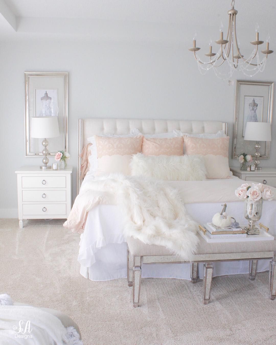 Glam Bedroom with White faux fur decor accents via @summeradamsdesigns