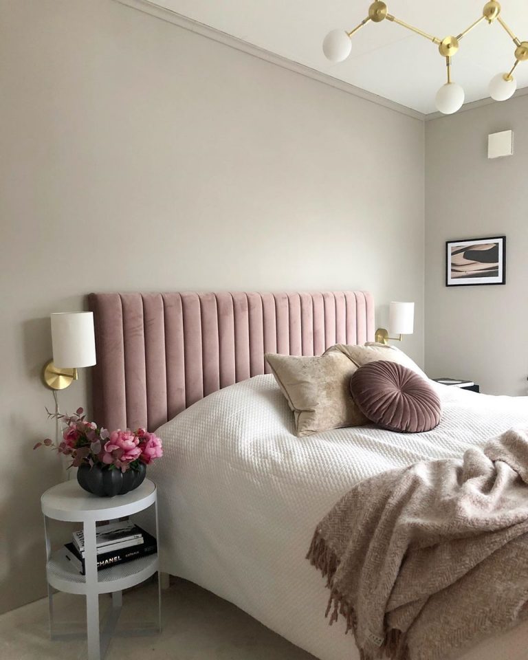 19 Amazing Glam Bedrooms with Chic Style - Glam BeDroom Decor With Dusty Rose ChanneleD HeaDboarD Via @interiorbyvanessa 768x960