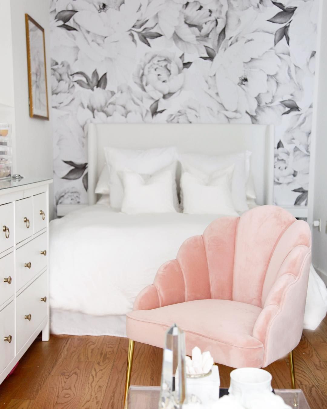 Glam bedroom decor with Pink Channeled Accent Chair via @citychicdecor