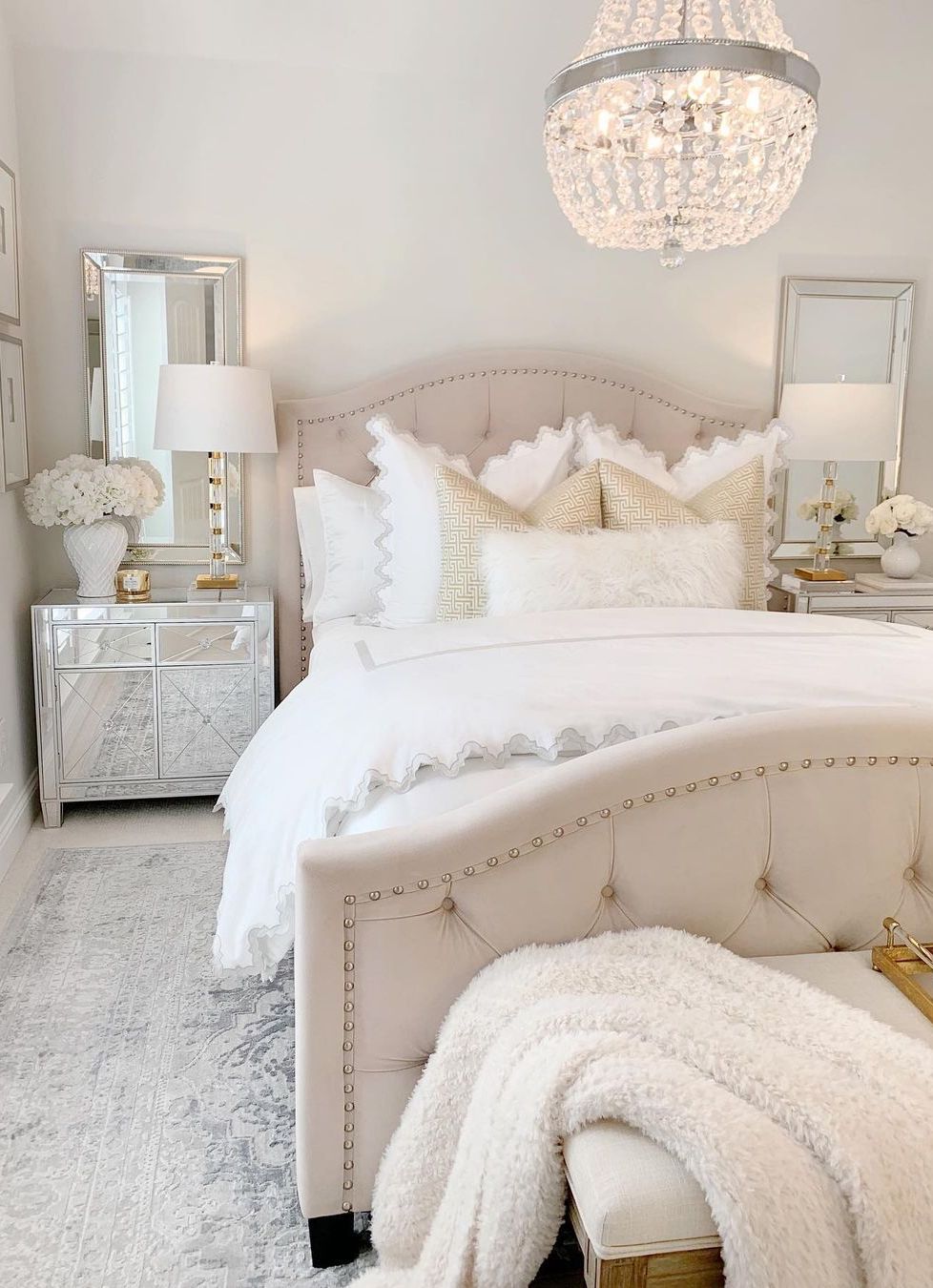 Glam Throw Pillows on a Glam Bed with Tufted Headboard via @thedecordiet