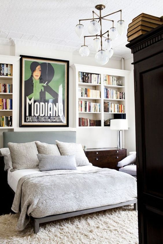 Bedroom with Upper Installed Bookshelves