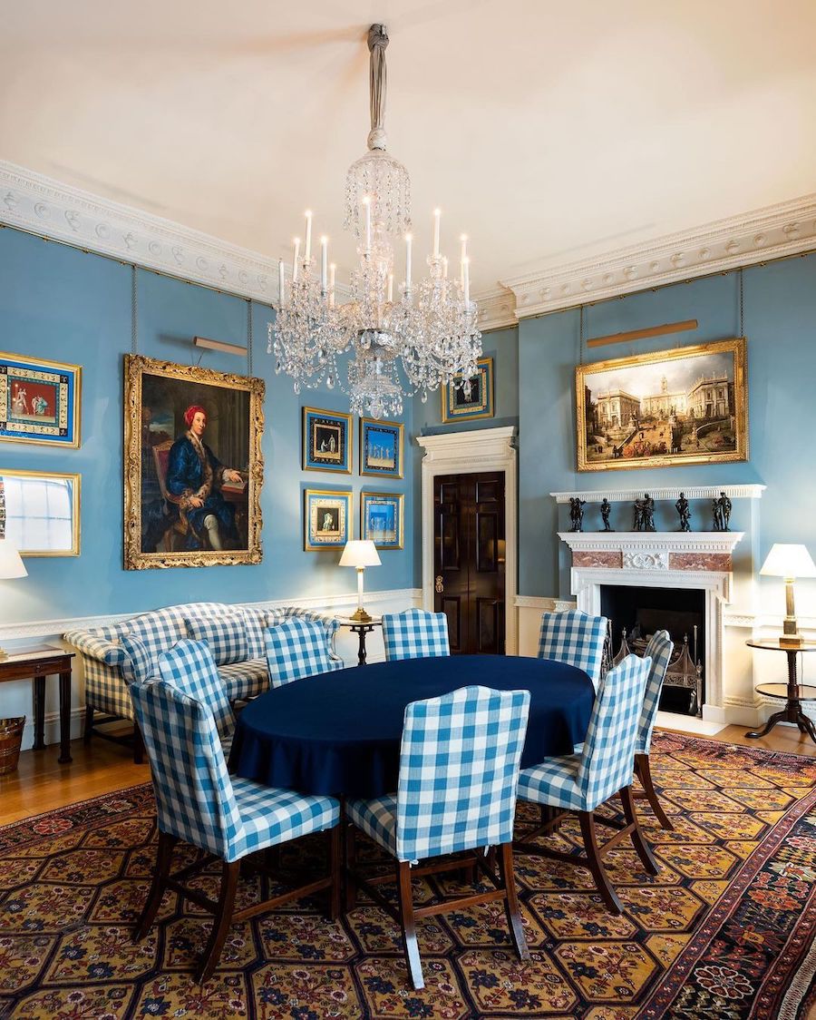 Blue Gingham Upholstered Dining Chairs via @acroterium_ at Spencer House