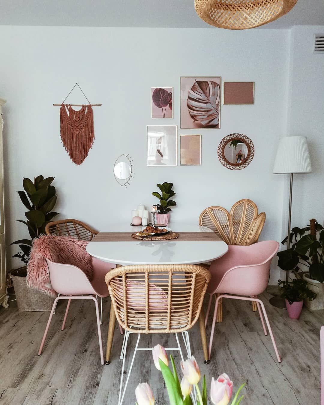 Bohemian Dining Room with Rattan Dining Chairs and Macrame Wall Decor via @iwona_boho_home