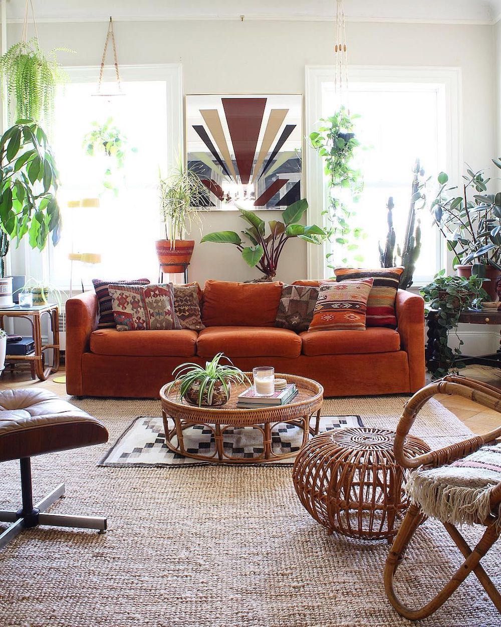 Bohemian Living Room with Burnt Orange Velvet Sofa via @ball_and_claw_vintage