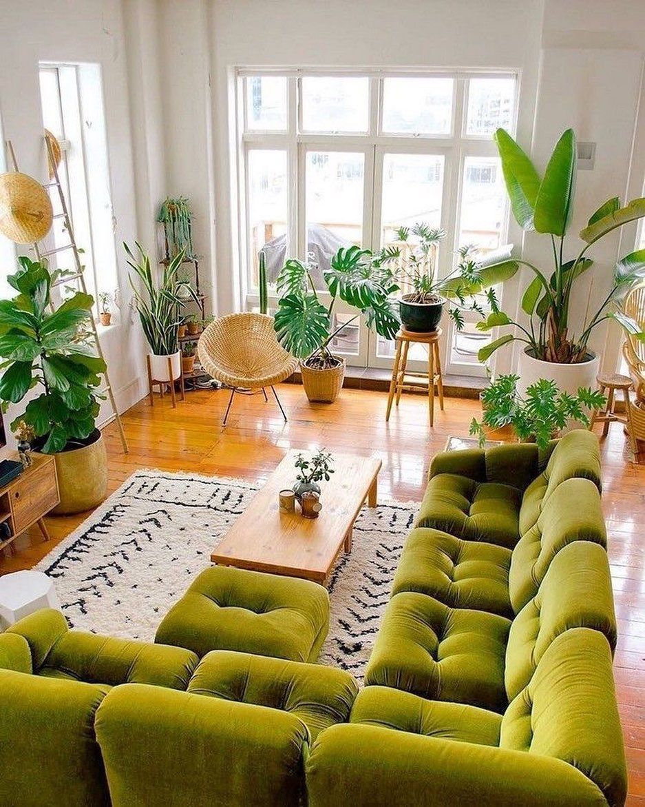 Bohemian Living Room with Green Velvet Sofa via @mrcigar