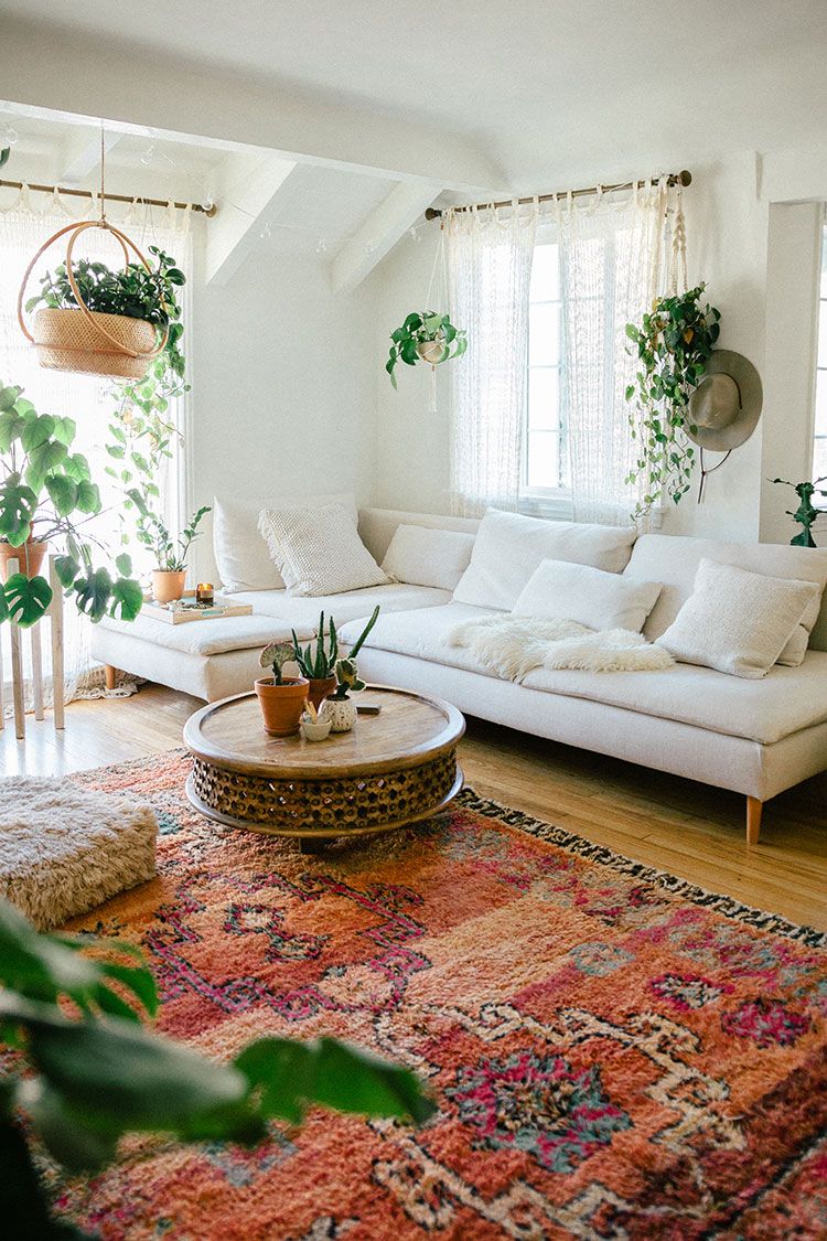 Bohemian Living Room with Moroccan Rug via Sara Toufali