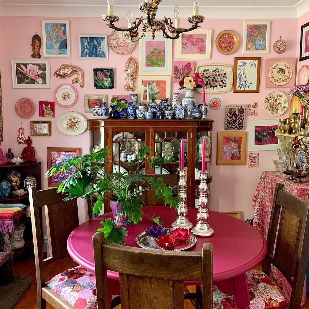 Boho Dining Room with Eclectic Pink Bohemian Gallery Wall via @alexandrafelgate