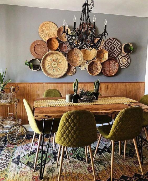 Boho Dining Room with Round Woven Wall Baskets