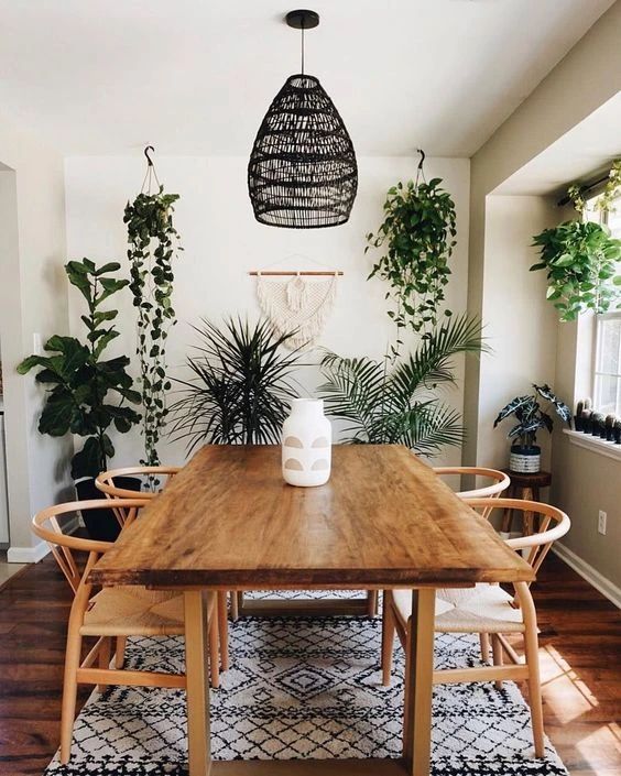 Boho Dining Room with Rustic Live Wood Dining Table