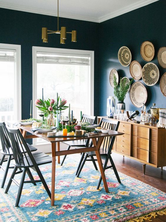 Boho Dining Room with Teal walls via MyDomaine